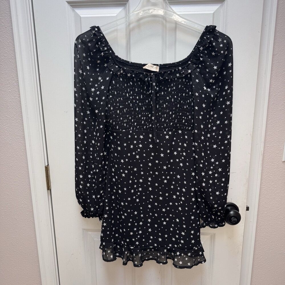 Altar'd State Boho Whimsical Romantic Dress S Smocked Tie Puff Sleeve Sheer Star